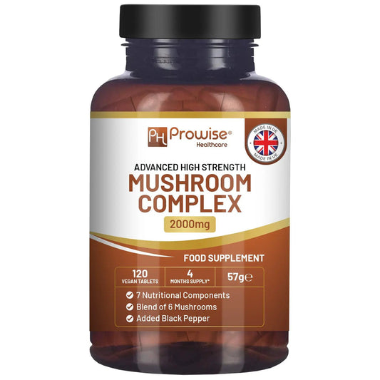 dvanced Mushroom Complex 2000mg | A super blend of 6 Mushroom with Lions Mane, Chaga, Cordyceps, Shiitake, Reishi and Maitake with Black Pepper | 120 Vegan High Strength Tablets | Made in UK by Prowise by Prowise Healthcare