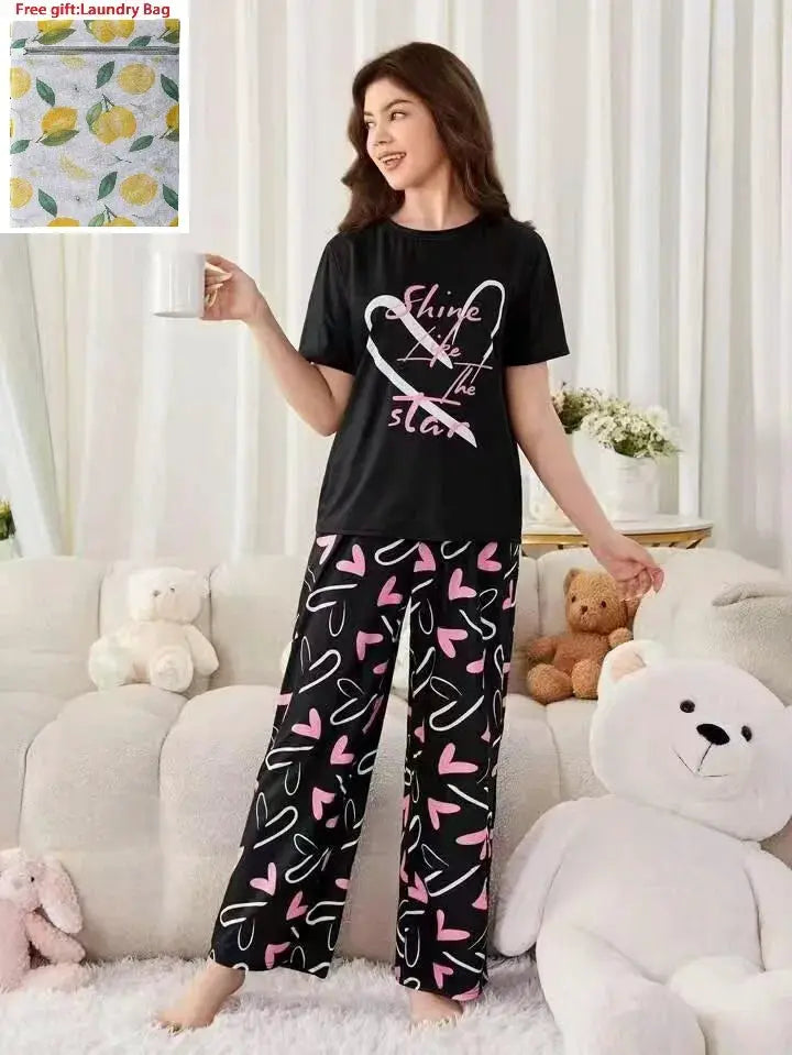 Women's Summer New Arrival Short Sleeve Sweatpants Thinner Simple Heart Casual Home Wear for Outdoor Wear Pajama by All Mart Bristol Ltd