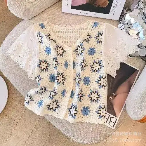 New Embroidered Lace Collar Short-Sleeved Chiffon Blouse for Women - Minimalist Chic Style, with Open and Loose Fit Top. by All Mart Bristol Ltd