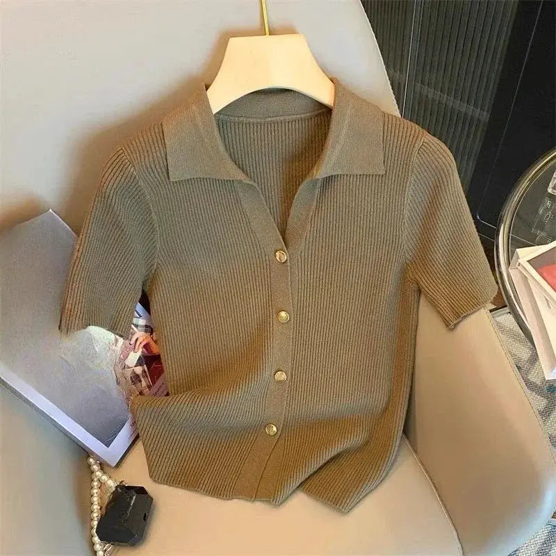Chic Knitted Polo-neck Shirt Women's 2025 Korean Summer Thin Cardigan Short Sleeve T-Shirt Casual Single Breasted Knitwear Tops by All Mart Bristol Ltd