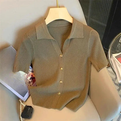 Chic Knitted Polo-neck Shirt Women's 2025 Korean Summer Thin Cardigan Short Sleeve T-Shirt Casual Single Breasted Knitwear Tops by All Mart Bristol Ltd