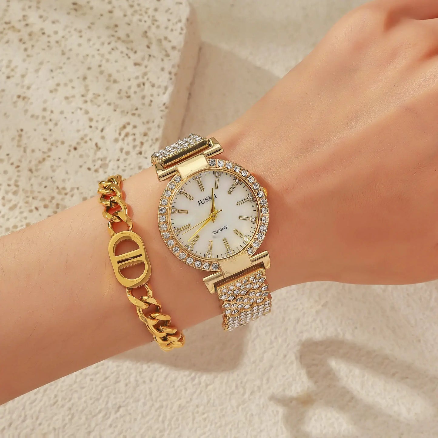2pcs/set Simple round diamond inlaid ladies quartz watches simple bracelet jewelry sets suitable for holiday gifts by All Mart Bristol Ltd