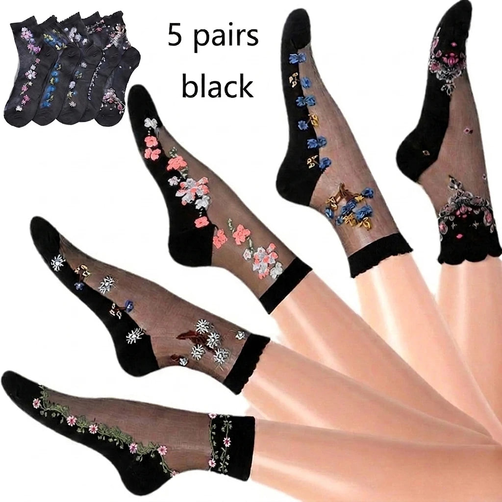 5 Pairs Floral Embroidery Sheer Socks, Ultra-Thin Crystal Silk, Breathable Non-Slip Ankle Socks for Women