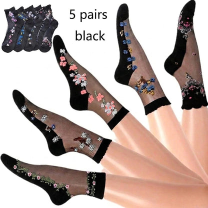 5 Pairs Floral Embroidery Sheer Socks, Ultra-Thin Crystal Silk, Breathable Non-Slip Ankle Socks for Women