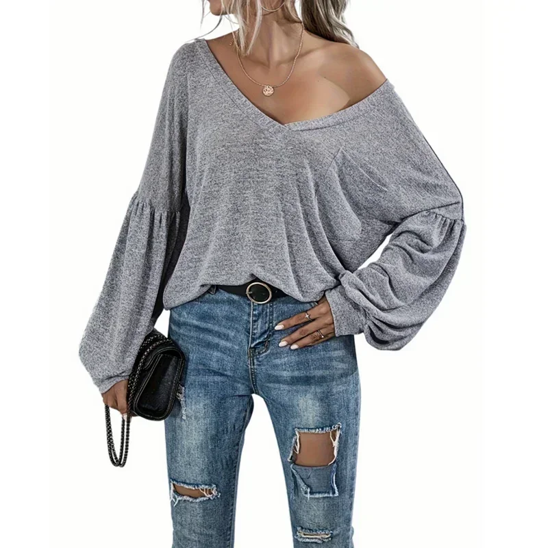Women's V-neck Solid Color T-shirt Ladies Casual Open Back Pocket Lantern Sleeve Fashion Long Sleeve T-shirt Top by All Mart Bristol Ltd