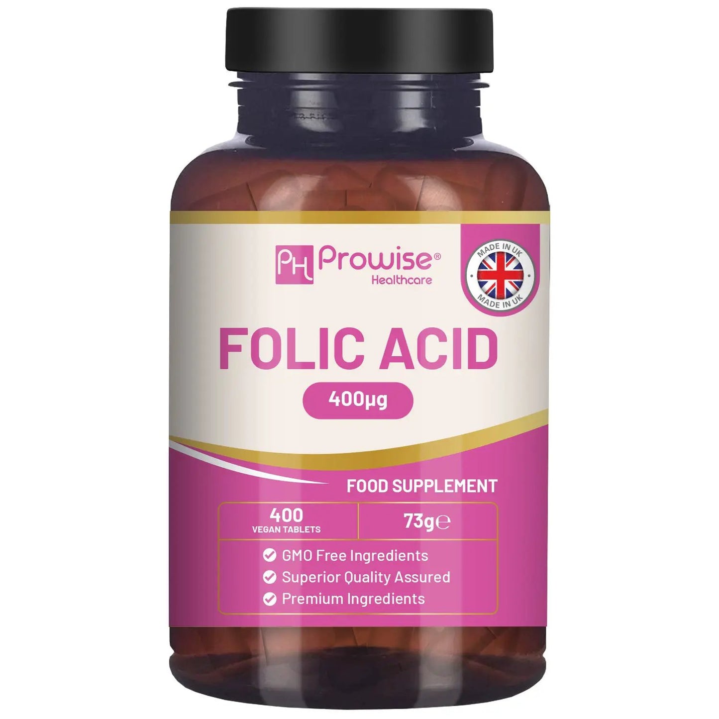 Folic Acid Tablets 400 mcg - 400 Vegan Vitamin B9 Tablets by Prowise Healthcare
