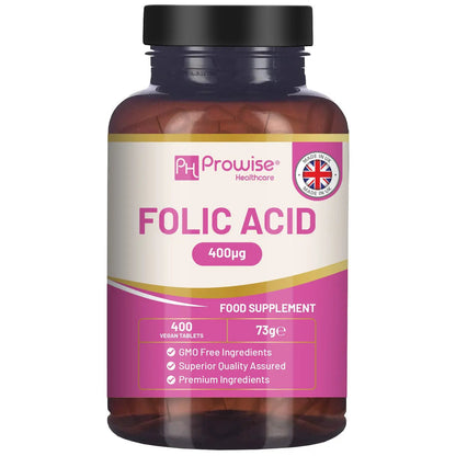 Folic Acid Tablets 400 mcg - 400 Vegan Vitamin B9 Tablets by Prowise Healthcare