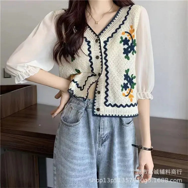 New Embroidered Lace Collar Short-Sleeved Chiffon Blouse for Women - Minimalist Chic Style, with Open and Loose Fit Top. by All Mart Bristol Ltd