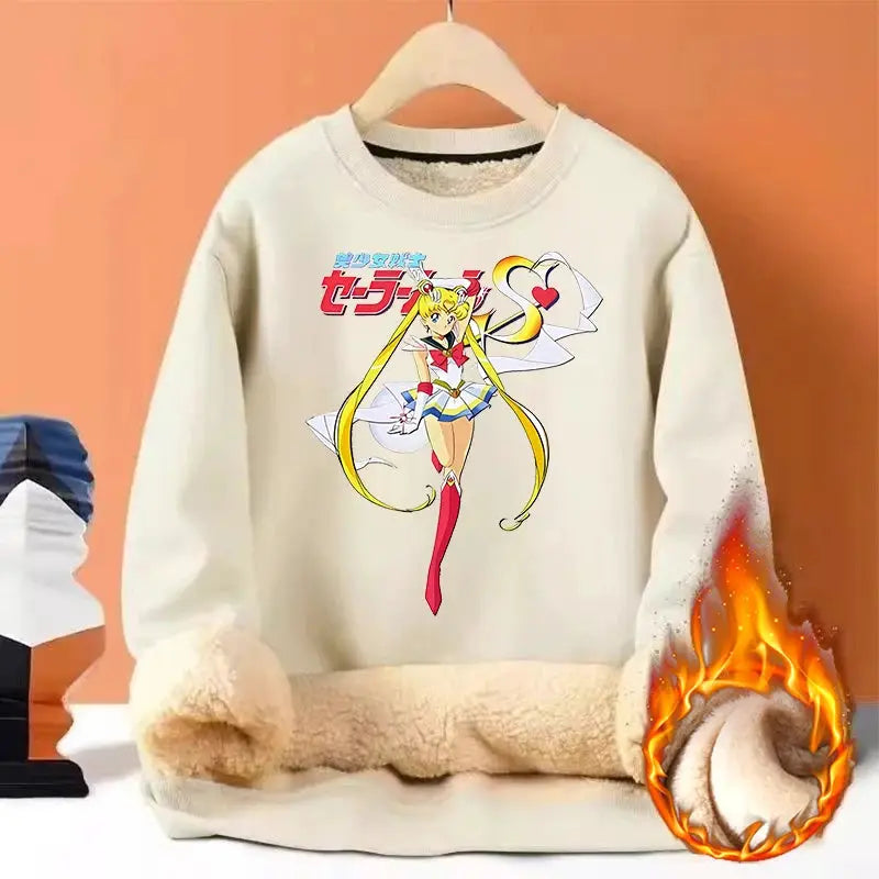 Sailor Moon Woman Thick Sweatshirt Lamb Wool Round Neck Hoodid Girl Cute Long Sleeves Fashion Sportswear Winter Warm Cartoon Top by All Mart Bristol Ltd