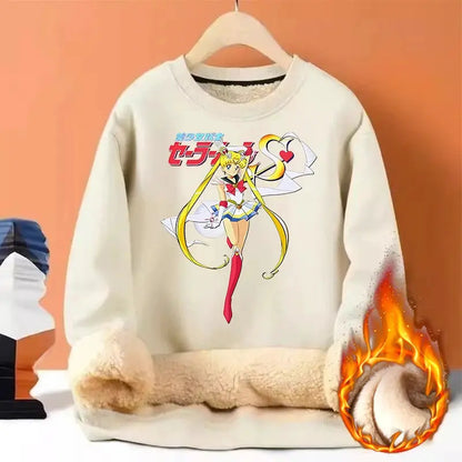 Sailor Moon Woman Thick Sweatshirt Lamb Wool Round Neck Hoodid Girl Cute Long Sleeves Fashion Sportswear Winter Warm Cartoon Top by All Mart Bristol Ltd