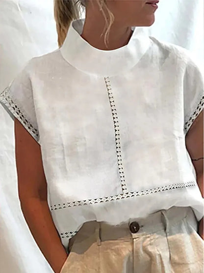 Women's Cotton Linen Pullover Shirt, Elegant Lace Trim Slim Fit Stand Collar Top for Summer Streetwear by All Mart Bristol Ltd