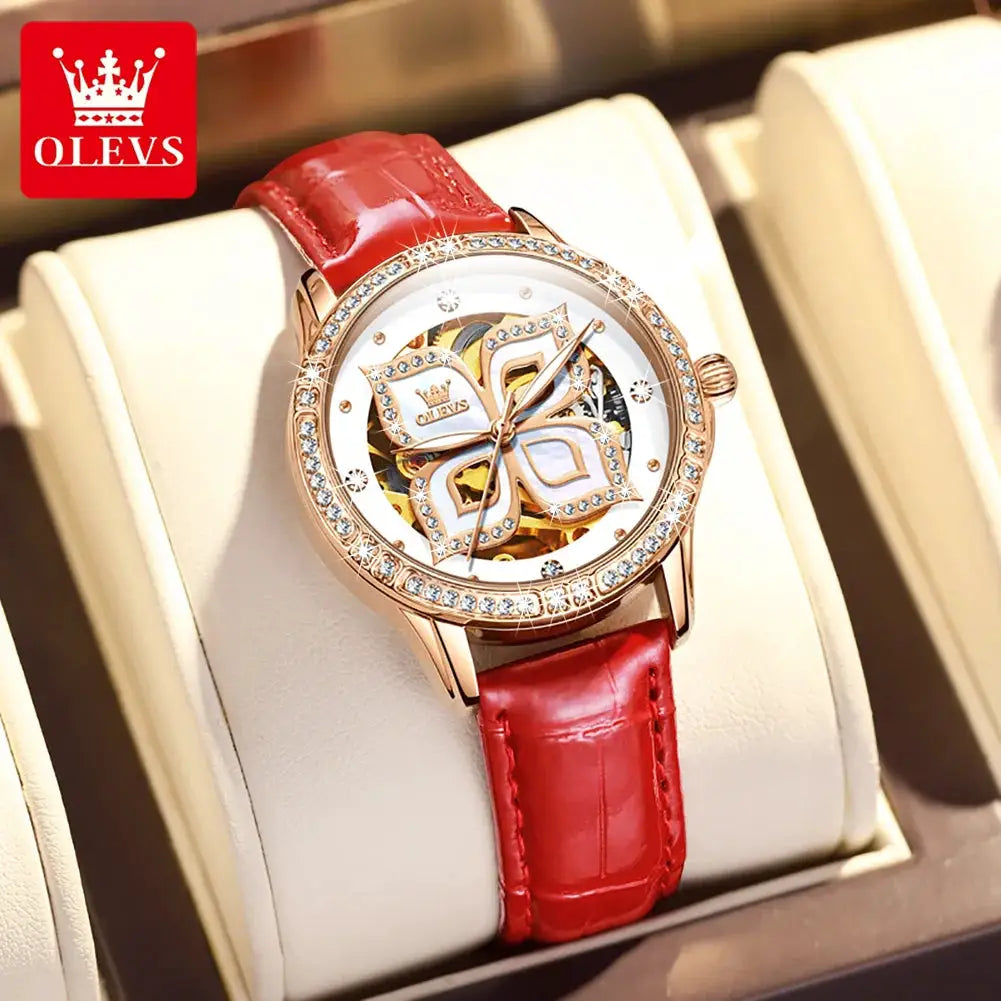 OLEVS Elegant Fashion Women's Watches Lucky Four-Leaf Clover Dial Original Brand Automatic Mechanical Wristwatch Ceramics Strap by All Mart Bristol Ltd