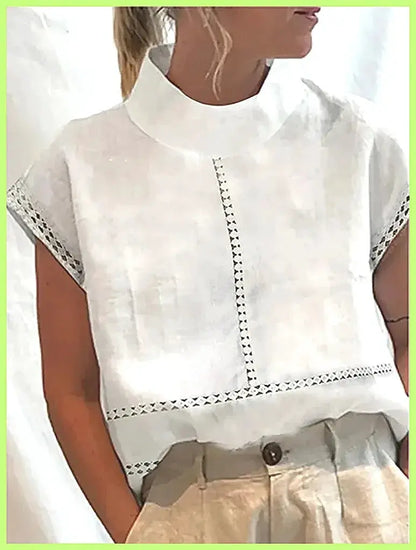 Women's Cotton Linen Pullover Shirt, Elegant Lace Trim Slim Fit Stand Collar Top for Summer Streetwear by All Mart Bristol Ltd