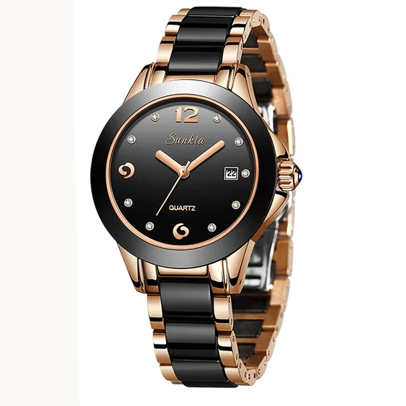 Sunkta Fashion Casual Quartz Woman Watch Elegant Luxury Ceramics Diamond Calendar Waterproof Ladies Women's Watches Montre Femme by All Mart Bristol Ltd