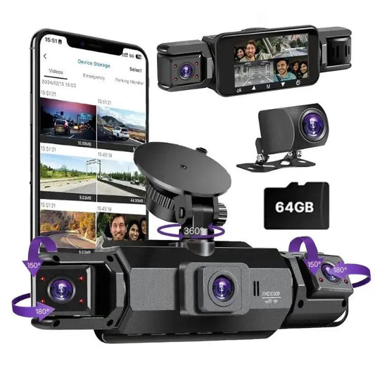 4 Channel Dash Cam with 360° Surround View Includes FREE OBD Cable for 24/7 Parking Monitor 4 Lens Front Rear inside Left Right Recording 3" Display, Built-In Wifi, 64GB Card Clear Night Vision, Hdr，Automotive Driving Recorder by All Mart Bristol Ltd