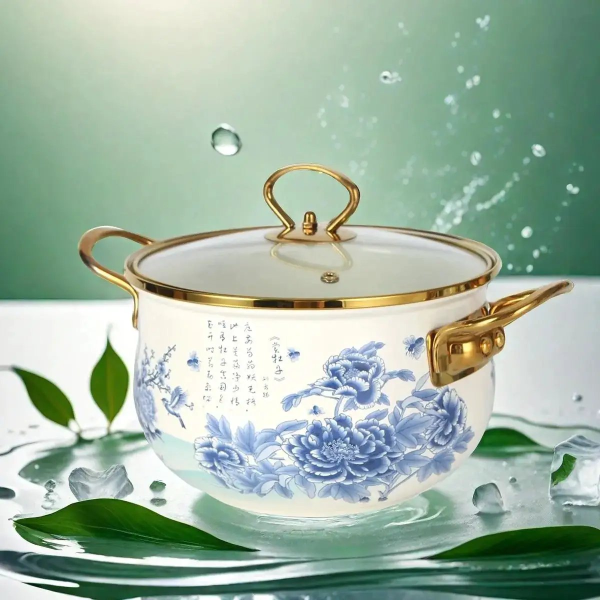 Floral Pattern Ceramic Stockpot, 1 Count Large Capacity Soup Pot Stew Pot with Glass Lid & Metal Handle, Household Cookware for Kitchen by All Mart Bristol Ltd
