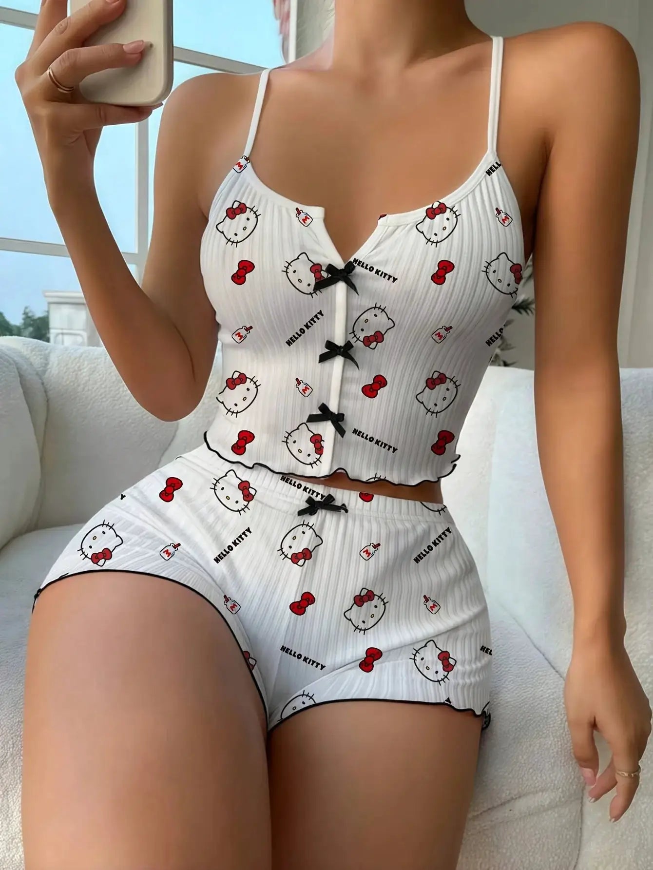 Sanrio Hello Kitty Bowknot Suspender Top Shorts Casual 2pcs Pajama Set Fashionable Thin Shoulder Strap Sexy Sleepwear Soft Pj by All Mart Bristol Ltd