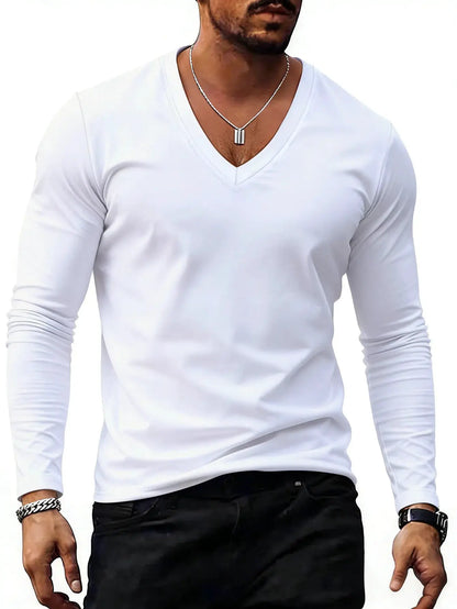 Men V Neck Solid Color Long Sleeve T Shirt Casual Slim Fit Basic Tops for Spring Autumn Daily Wear by All Mart Bristol Ltd