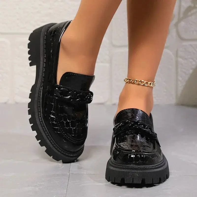 Women's Chain Decor Platform Loafers Fashion Black Patent Leather Dress Shoes Woman Comfortable Slip On Flat Shoes Plus Size 42 by All Mart Bristol Ltd