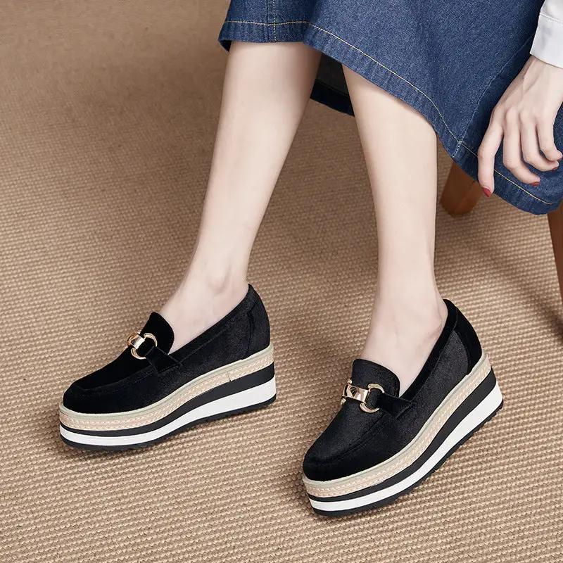 Metal-buckle Striped Sole Wedge Slip-on Shoes by Dropshipman