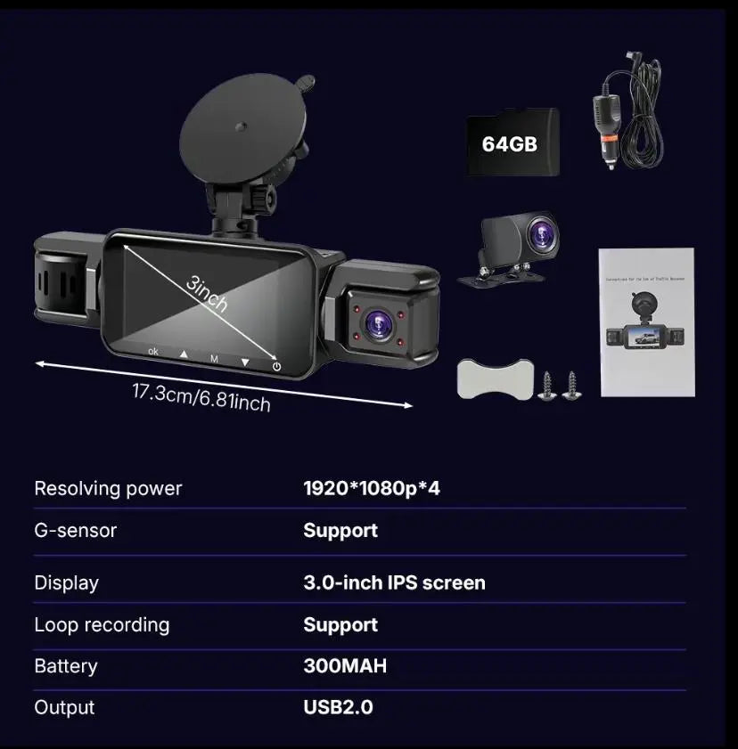 4 Channel Dash Cam with 360° Surround View Includes FREE OBD Cable for 24/7 Parking Monitor 4 Lens Front Rear inside Left Right Recording 3" Display, Built-In Wifi, 64GB Card Clear Night Vision, Hdr，Automotive Driving Recorder by All Mart Bristol Ltd