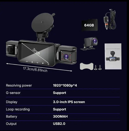 4 Channel Dash Cam with 360° Surround View Includes FREE OBD Cable for 24/7 Parking Monitor 4 Lens Front Rear inside Left Right Recording 3" Display, Built-In Wifi, 64GB Card Clear Night Vision, Hdr，Automotive Driving Recorder by All Mart Bristol Ltd
