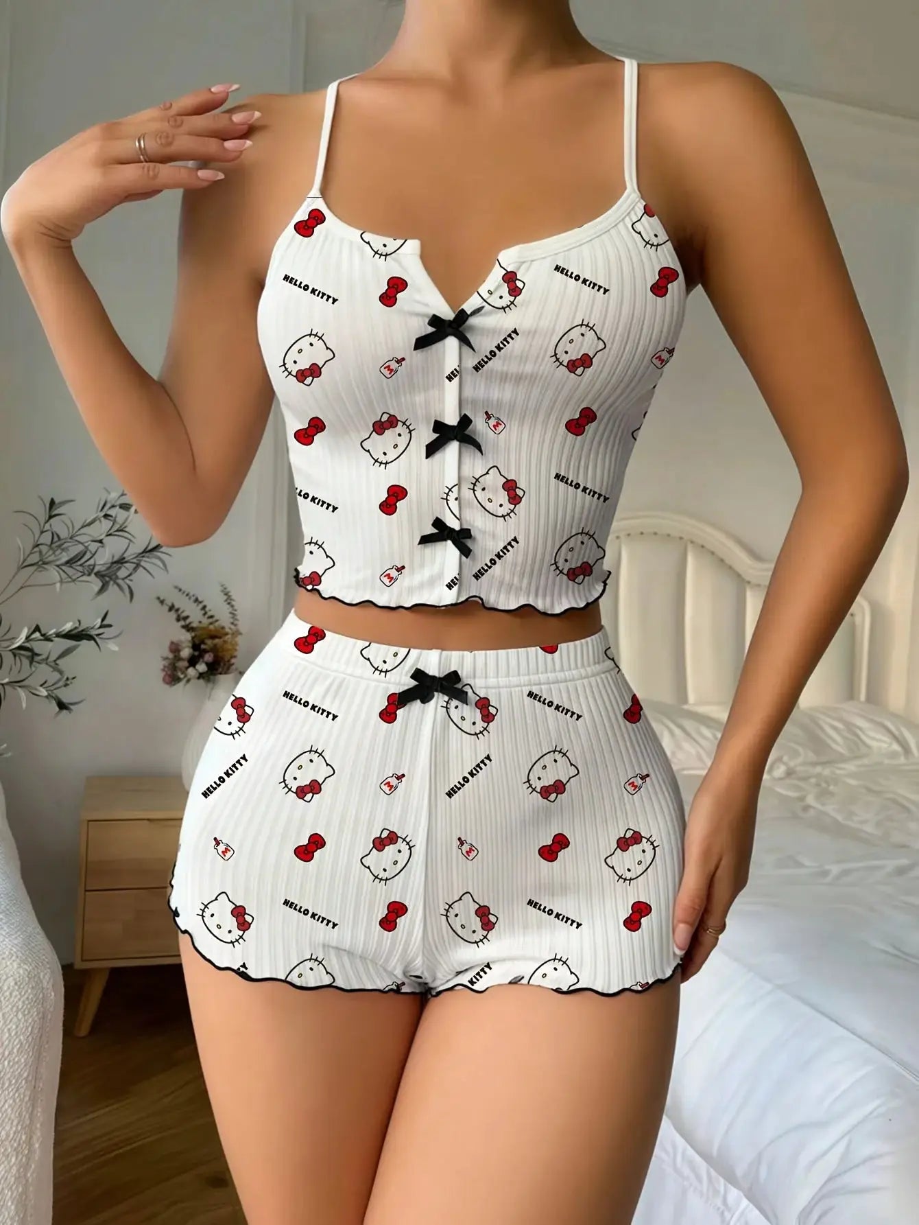 Sanrio Hello Kitty Bowknot Suspender Top Shorts Casual 2pcs Pajama Set Fashionable Thin Shoulder Strap Sexy Sleepwear Soft Pj by All Mart Bristol Ltd