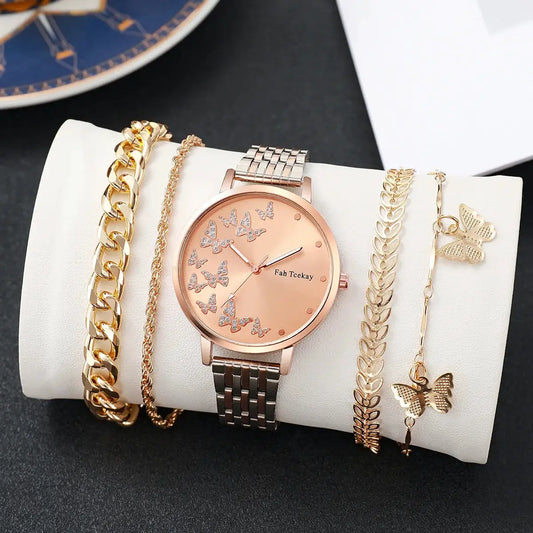 No gift box Fashion women's steel strap watch leisure butterfly diamond face quartz watch butterfly jewelry 5 piece set by All Mart Bristol Ltd