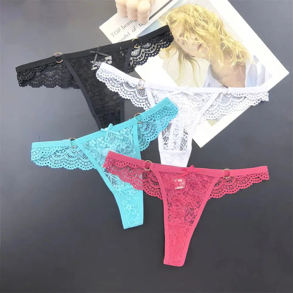 4Pcs Sexy Lace Thong Panties Women Low Rise Transparent Lingerie Set Plus Size by All Mart Bristol Ltd
