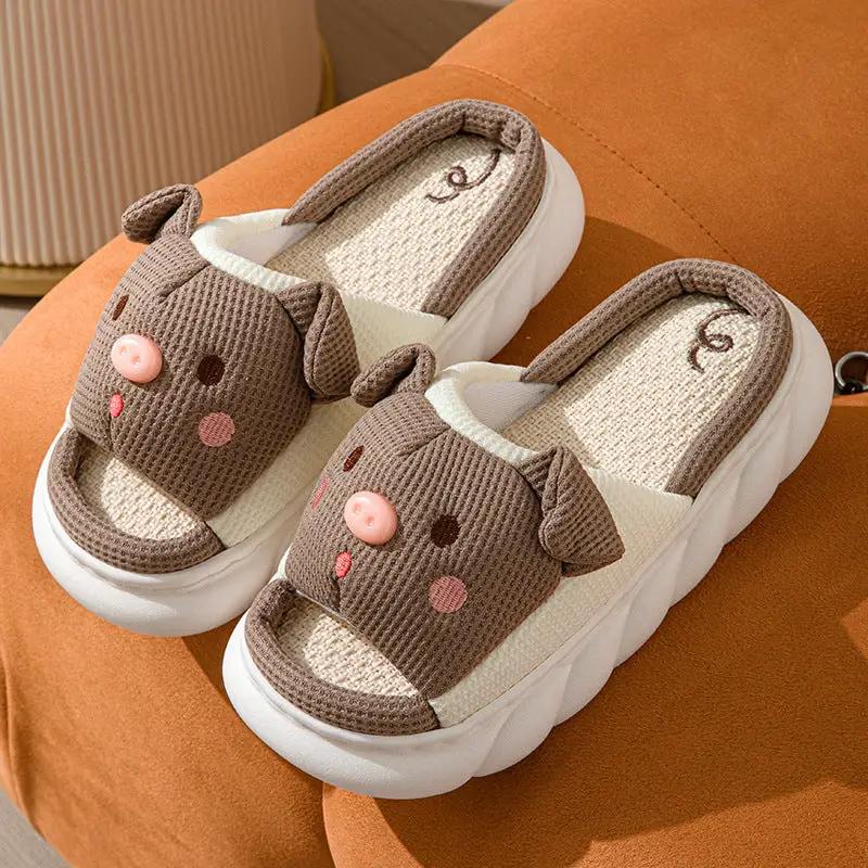 Cute Piggy Slippers Open Toe Linen Home Slipper Couples Women Men Cartoon Pig House Shoes by Dropshipman