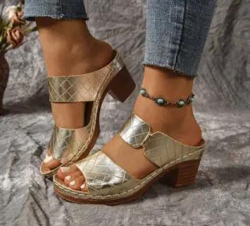 Chunky Heel Sandals Summer Round Toe Plaid Slides Slippers Fashion Outdoor High Heels Shoes For Women by Dropshipman