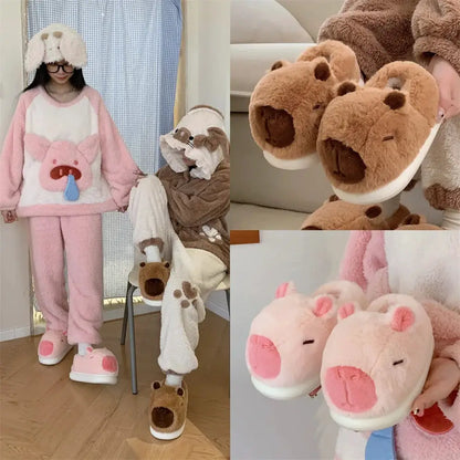 Home Fluffy stereoscopic capybara Slippers Women Cartoon Plush Clogs Thick Furry Closed Heels Warm Couple Home Cotton Shoes by All Mart Bristol Ltd