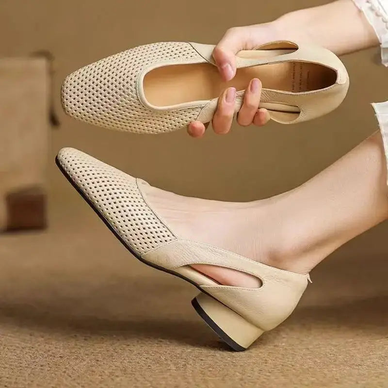 Spring Summer Women's Breathable Square Toe Low Heel Slip On Flats - French Vintage Soft Sole Casual Commuter Office Shoes by All Mart Bristol Ltd