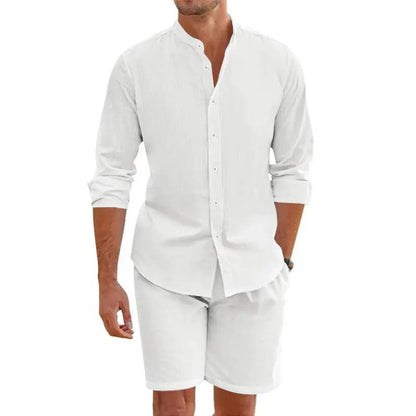 Summer Short Shirt Suit Fashion Lapel Button Down Short Sleeve Top And Drawstring Shorts Beach Clothing For Men by Dropshipman