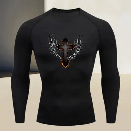Men's round neck quick drying compression long sleeved printed top - a must-have for high stretch fitness and outdoor sports by All Mart Bristol Ltd
