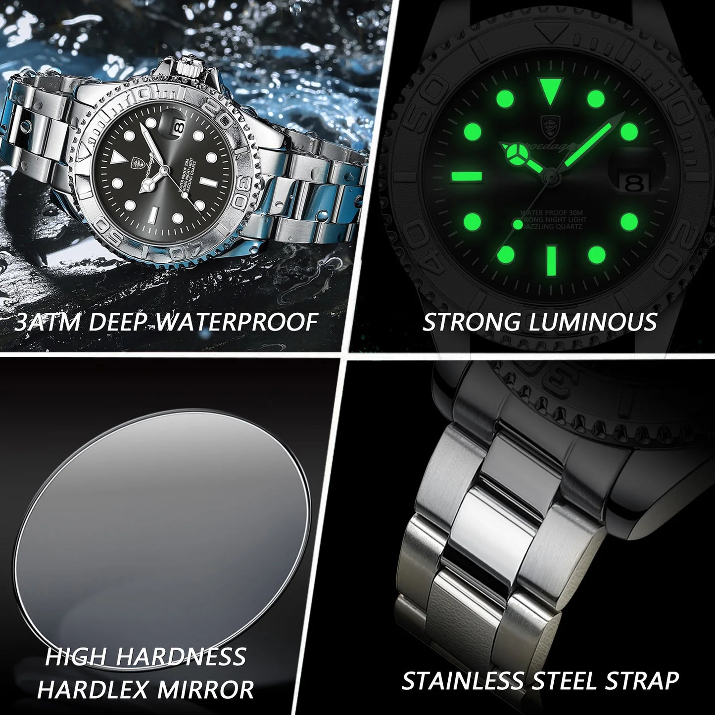 POEDAGAR Trendy Sport Man Watch Luminous Waterproof Stainless Steel Date Men Wristwatch Luxury Business Men's Quartz Watches+Box by All Mart Bristol Ltd