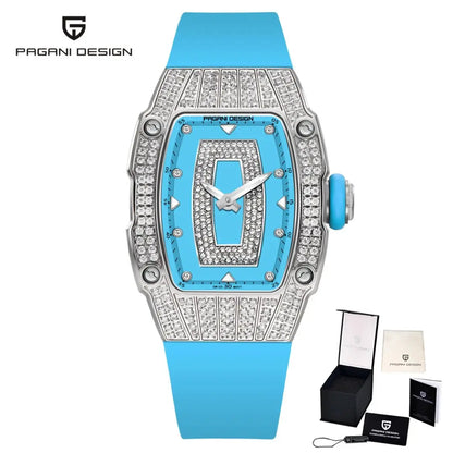 PAGANI DESIGN Top Luxury Diamond encrusted Women's Watch Fashion RubberWaterproof LuminousWine Bucket Case Women'sWatch+Gift Box by All Mart Bristol Ltd