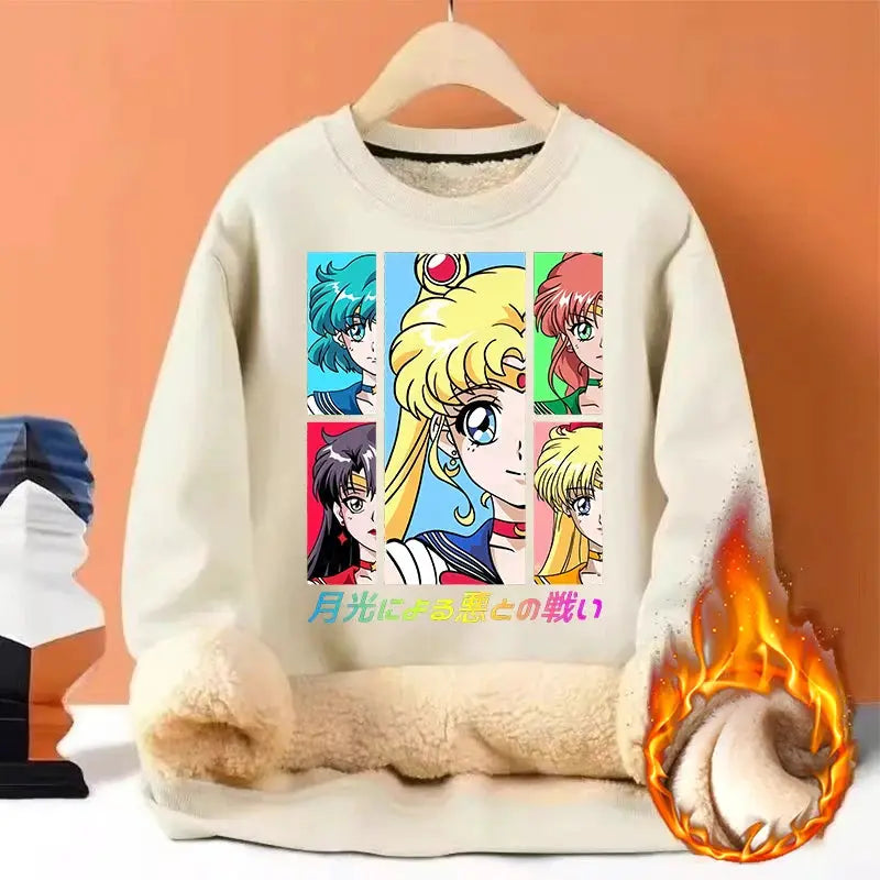 Sailor Moon Woman Thick Sweatshirt Lamb Wool Round Neck Hoodid Girl Cute Long Sleeves Fashion Sportswear Winter Warm Cartoon Top by All Mart Bristol Ltd