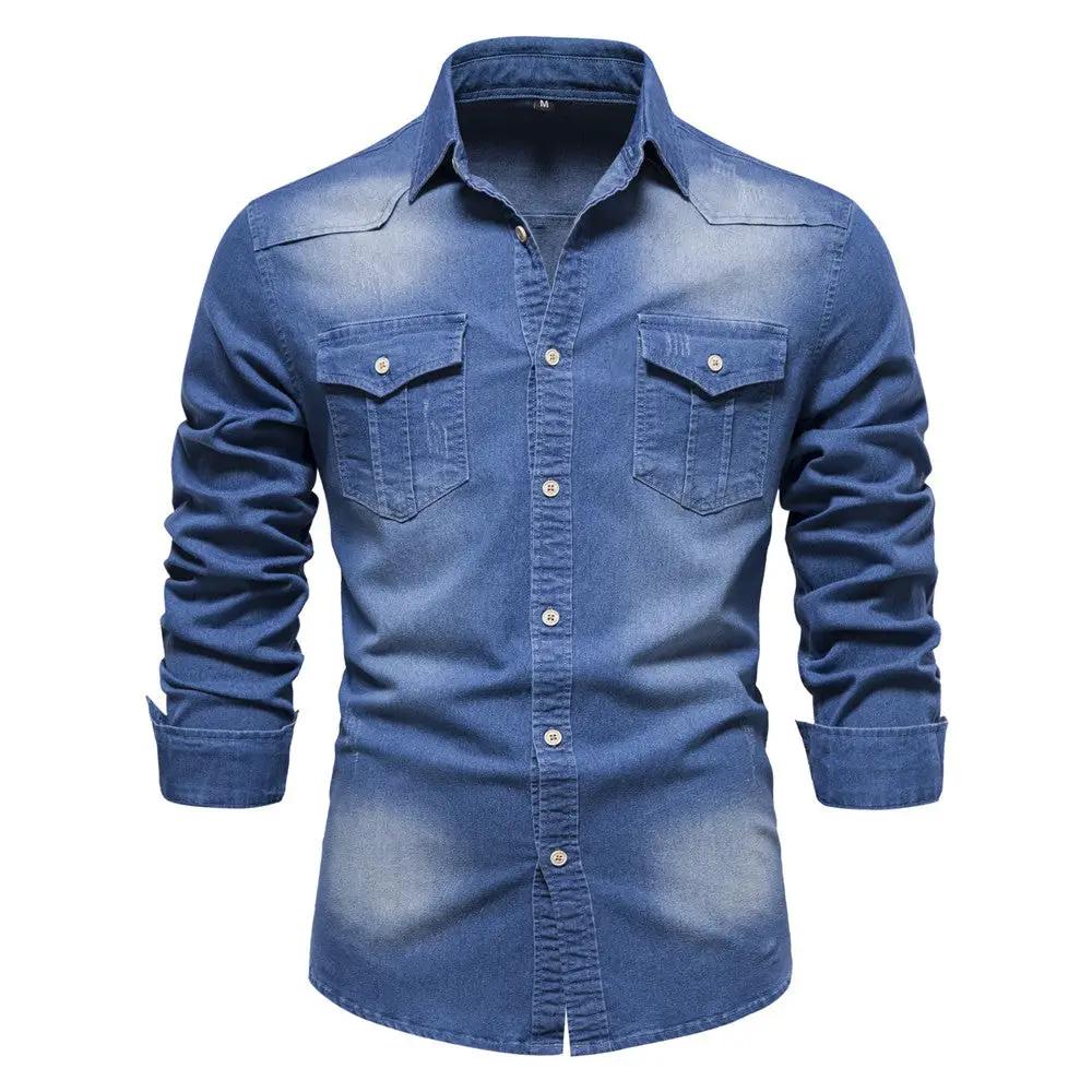 Men's Long-sleeved Denim Shirt Casual Solid Button Slim Tops Clothing by Dropshipman