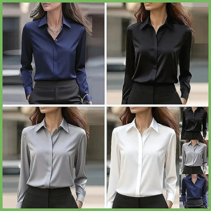 New Women's Office Blouse Long Sleeve Turn Down Collar Formal Shirt, Solid Colors Blue White Black Gray by All Mart Bristol Ltd