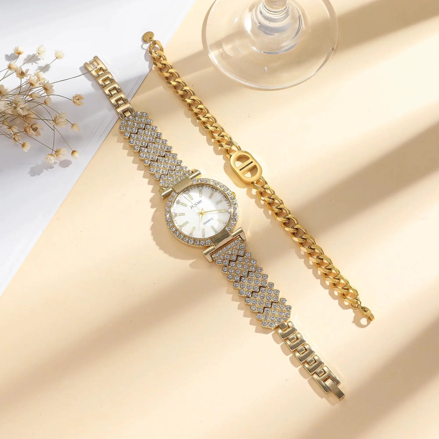 2pcs/set Simple round diamond inlaid ladies quartz watches simple bracelet jewelry sets suitable for holiday gifts by All Mart Bristol Ltd