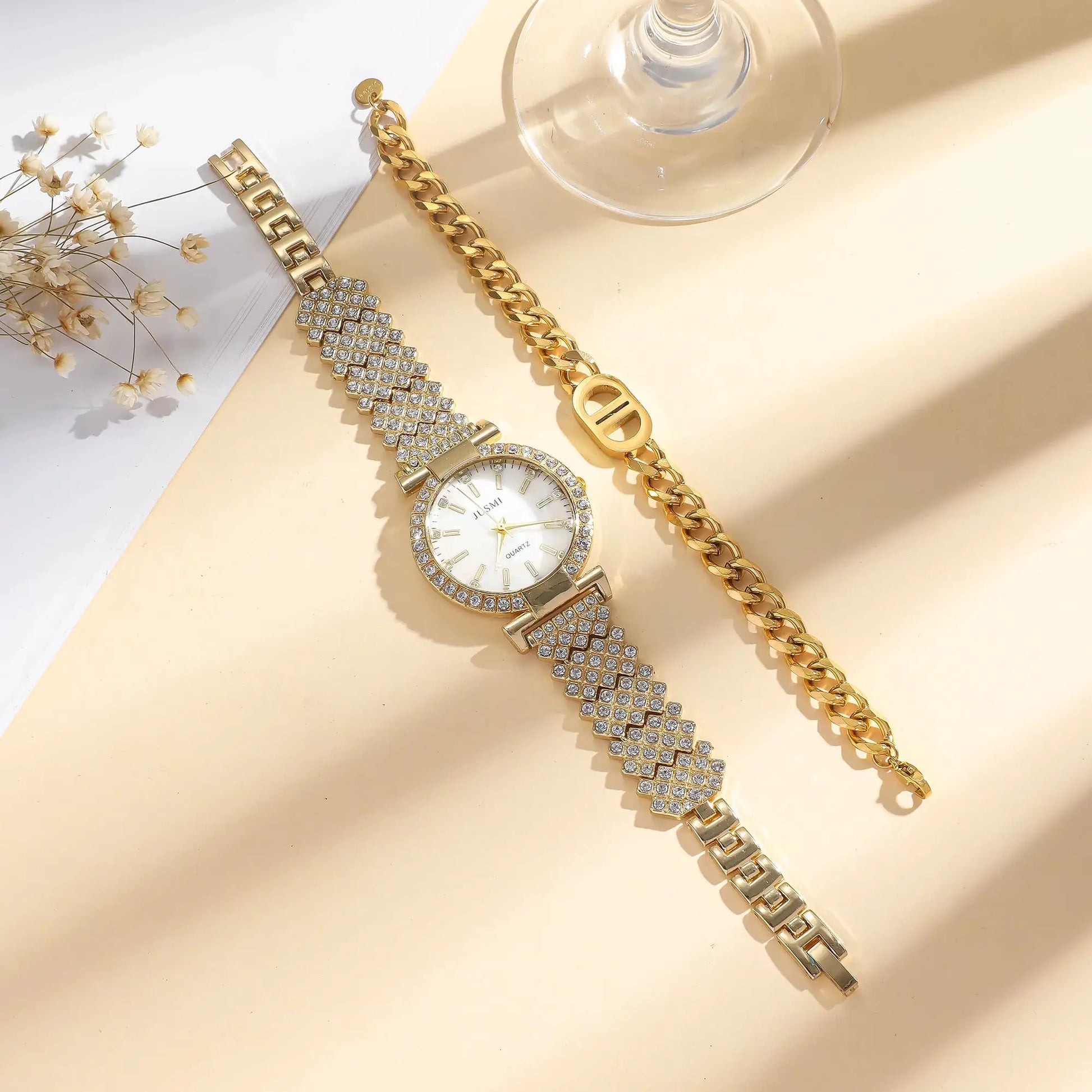 2pcs/set Simple round diamond inlaid ladies quartz watches simple bracelet jewelry sets suitable for holiday gifts by All Mart Bristol Ltd