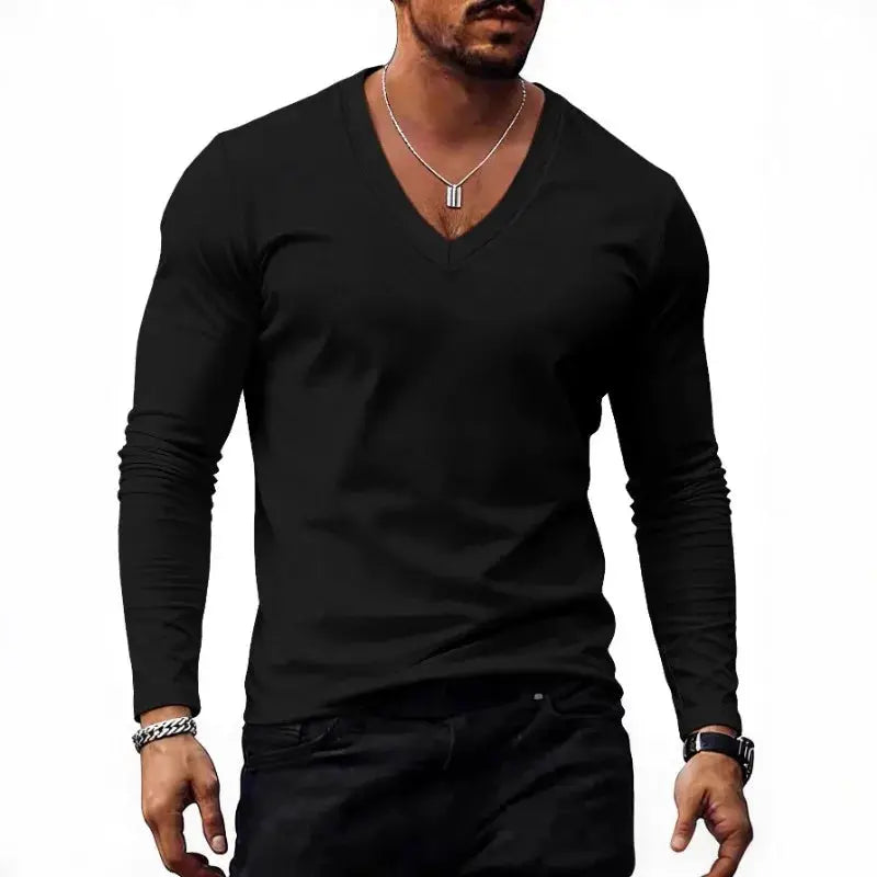 Men V Neck Solid Color Long Sleeve T Shirt Casual Slim Fit Basic Tops for Spring Autumn Daily Wear by All Mart Bristol Ltd