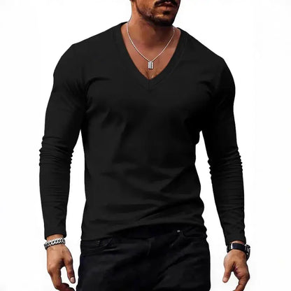 Men V Neck Solid Color Long Sleeve T Shirt Casual Slim Fit Basic Tops for Spring Autumn Daily Wear by All Mart Bristol Ltd