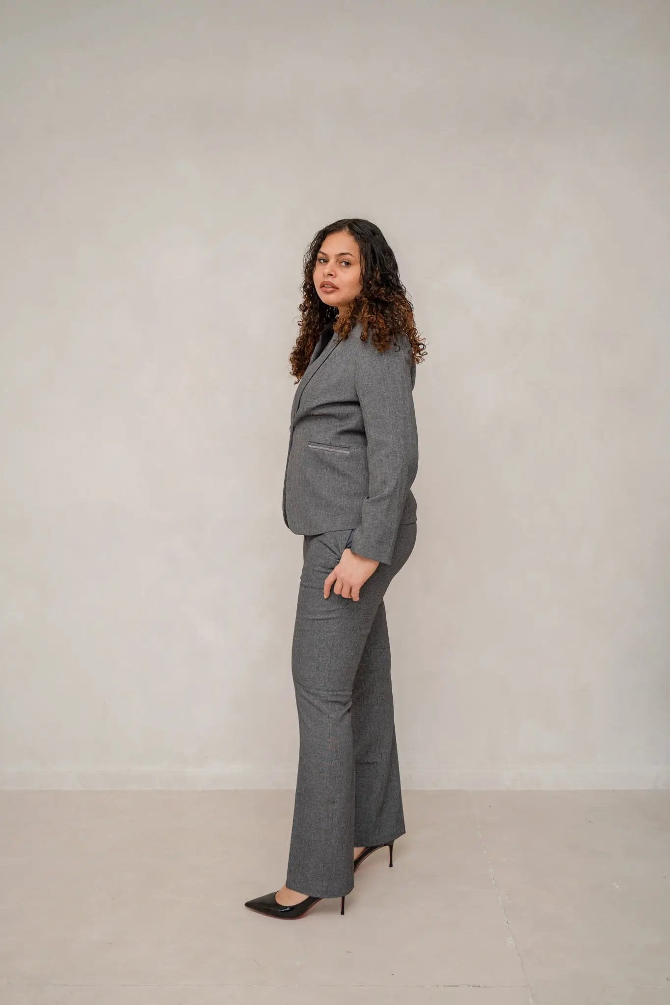 The slate grey 3-piece power pantsuit by EDKAY COLLECTION UK