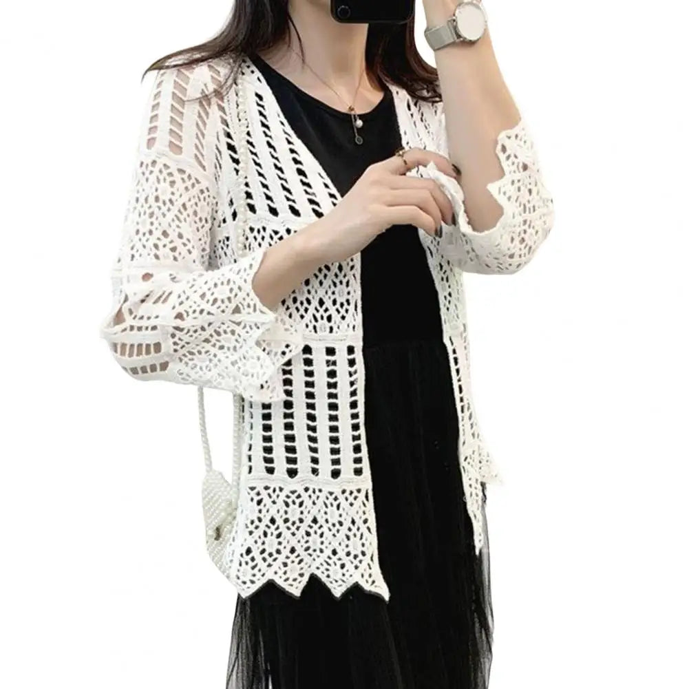 Handcrafted Lace Cardigan Crochet Women Cardigan 2025 3/4 Sleeve Hollow Out Open Front Sheer Sweater Boho Summer Knit Shrug by All Mart Bristol Ltd