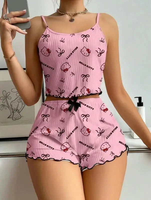 Sanrio Hello Kitty Bowknot Suspender Top Shorts Casual 2pcs Pajama Set Fashionable Thin Shoulder Strap Sexy Sleepwear Soft Pj by All Mart Bristol Ltd