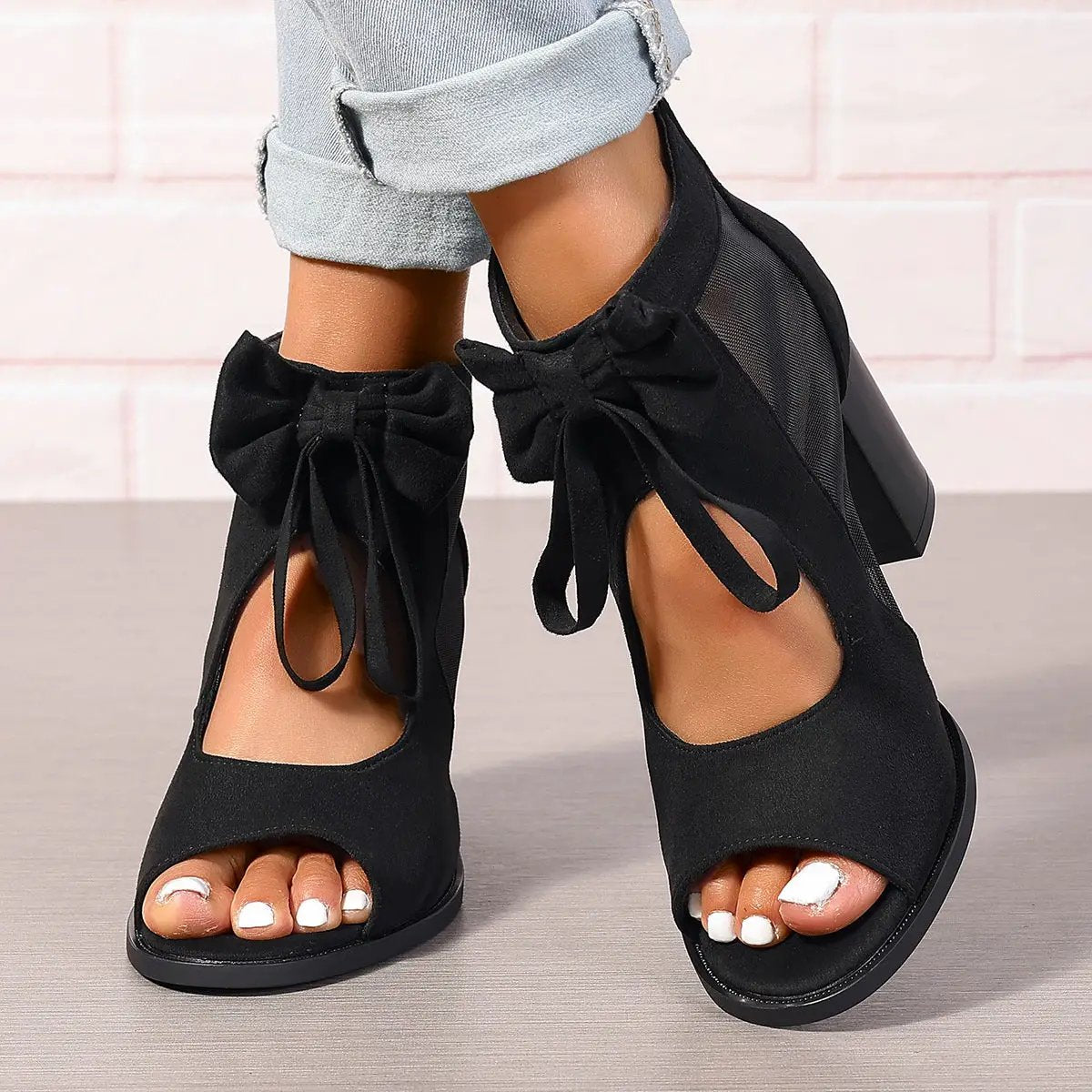 Platform Chunky High Heels Women's Sandals Bow Decoration Open Toe Block Ankle Strap Sandals For Dress Bridal Party Shoes by Dropshipman