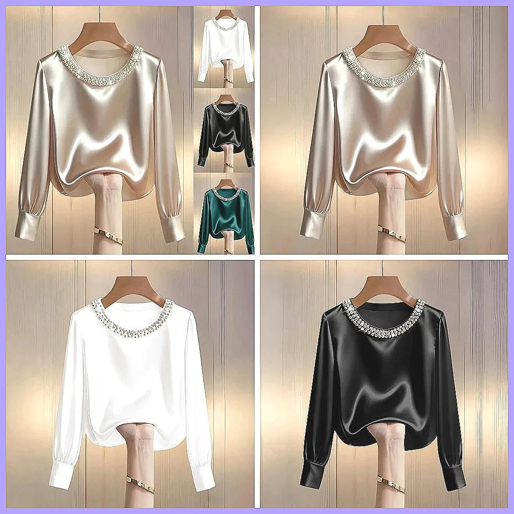 Elegant Beaded Satin Blouse for Women, Loose Fit Long Sleeve Silk Shirt Tops by All Mart Bristol Ltd