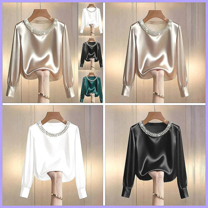 Elegant Beaded Satin Blouse for Women, Loose Fit Long Sleeve Silk Shirt Tops by All Mart Bristol Ltd